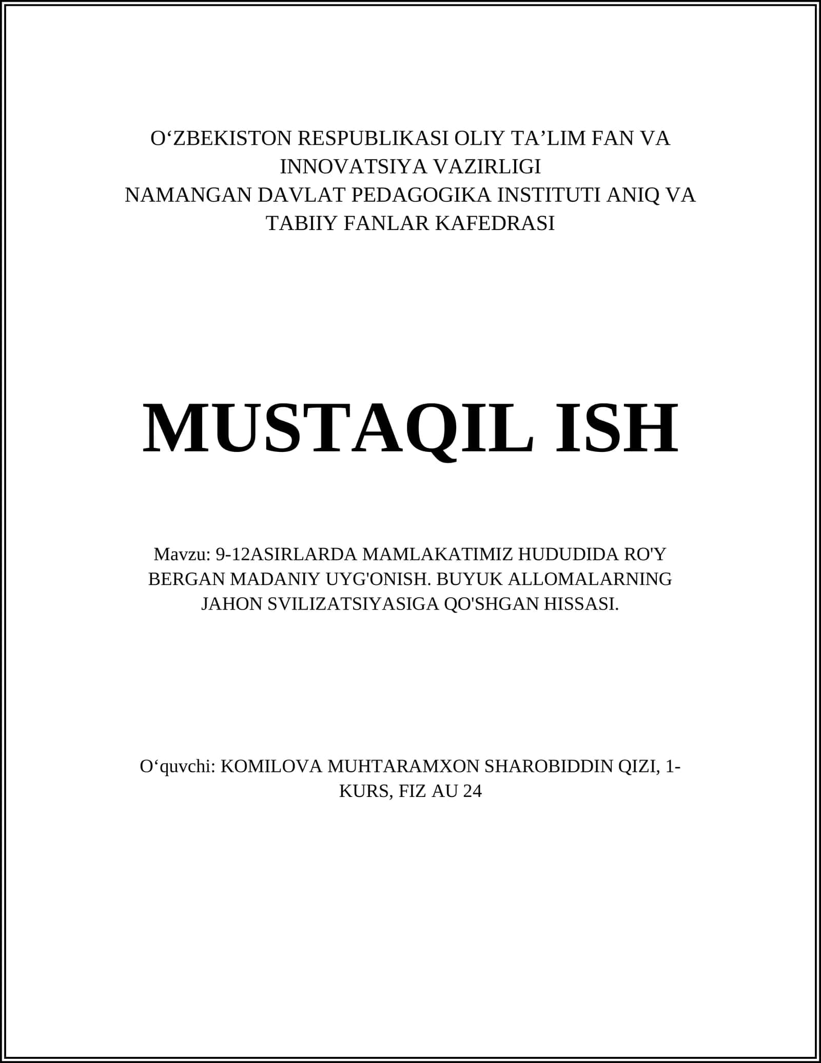 Islomiy Uyg'onish Davri va Uning Asosiy Xususiyatlari