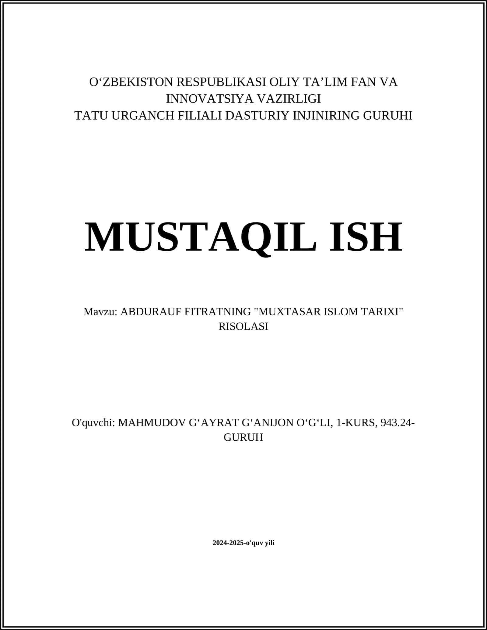Abdurauf Fitratning "Muxtasar Islom Tarixi" Risolasi
