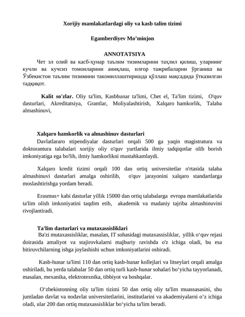 Xorijiy mamlakatlardagi oliy va kasb talim tizimi