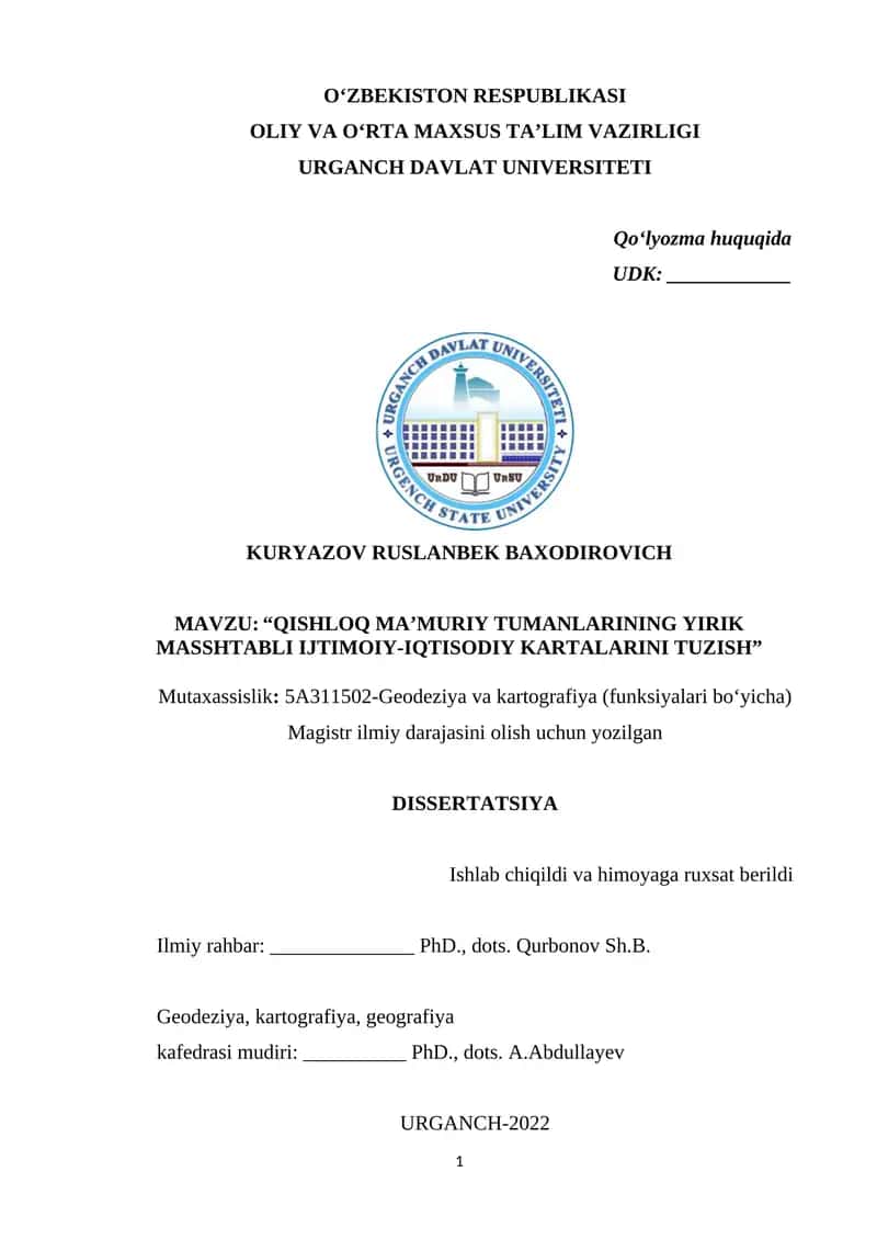 QISHLOQ MA’MURIY TUMANLARINING YIRIK MASSHTABLI IJTIMOIY-IQTISODIY KARTALARINI TUZISH