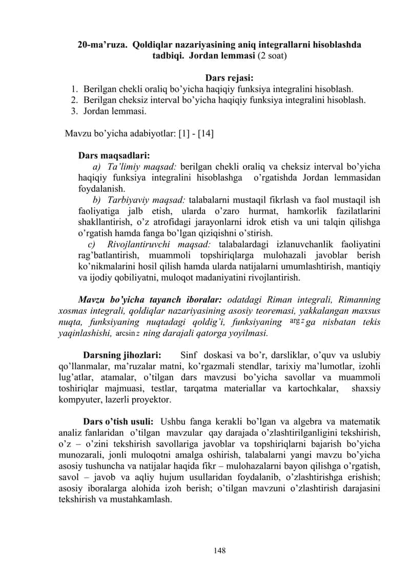 Qoldiqlar nazariyasi va Jordan lemmasi