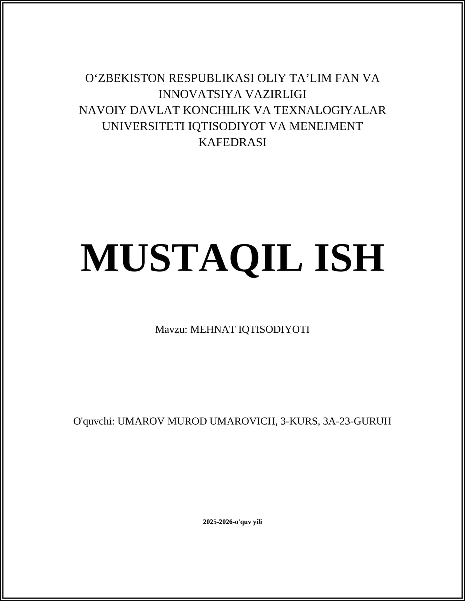 MEHNAT IQTISODIYOTI