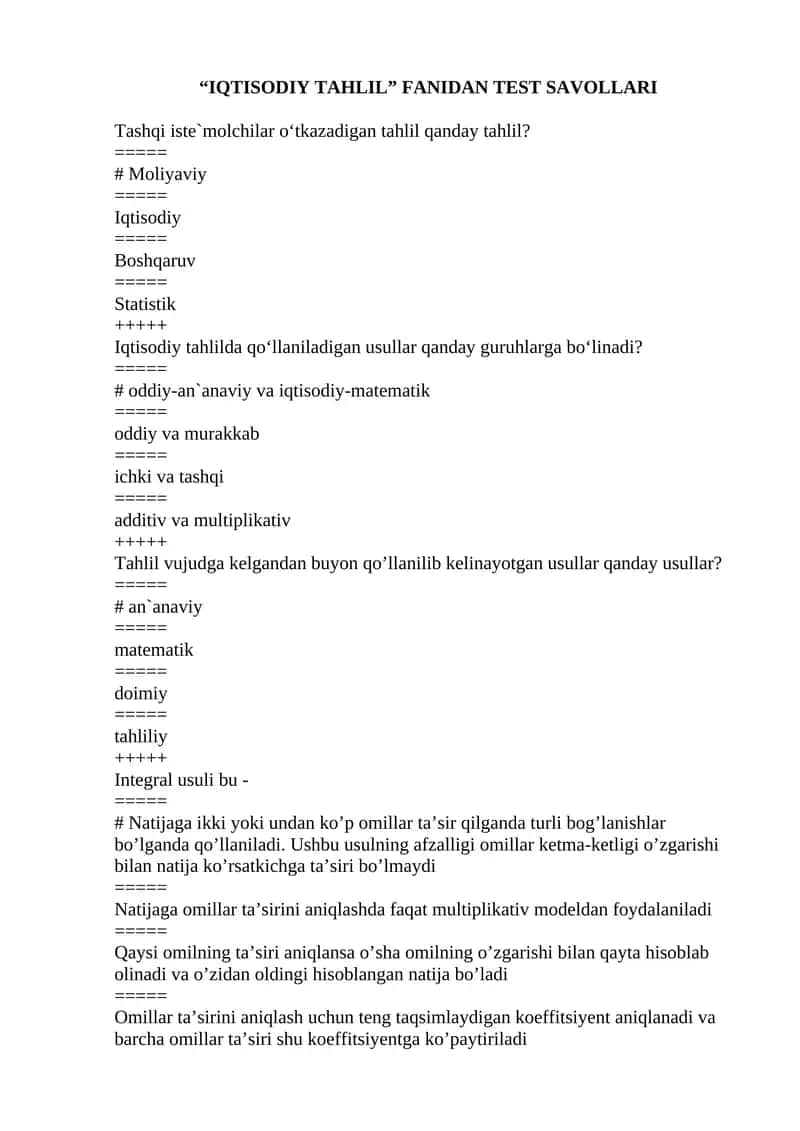 IQTISODIY TAHLIL FANIDAN yakuniy TEST SAVOLLARI javoblari bilan