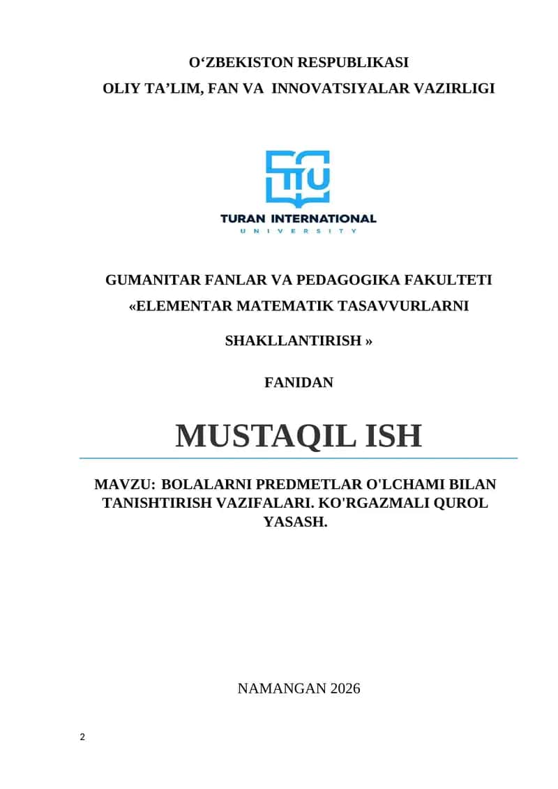 ELEMENTAR MATEMATIK TASAVVURLARNI SHAKLLANTIRISH