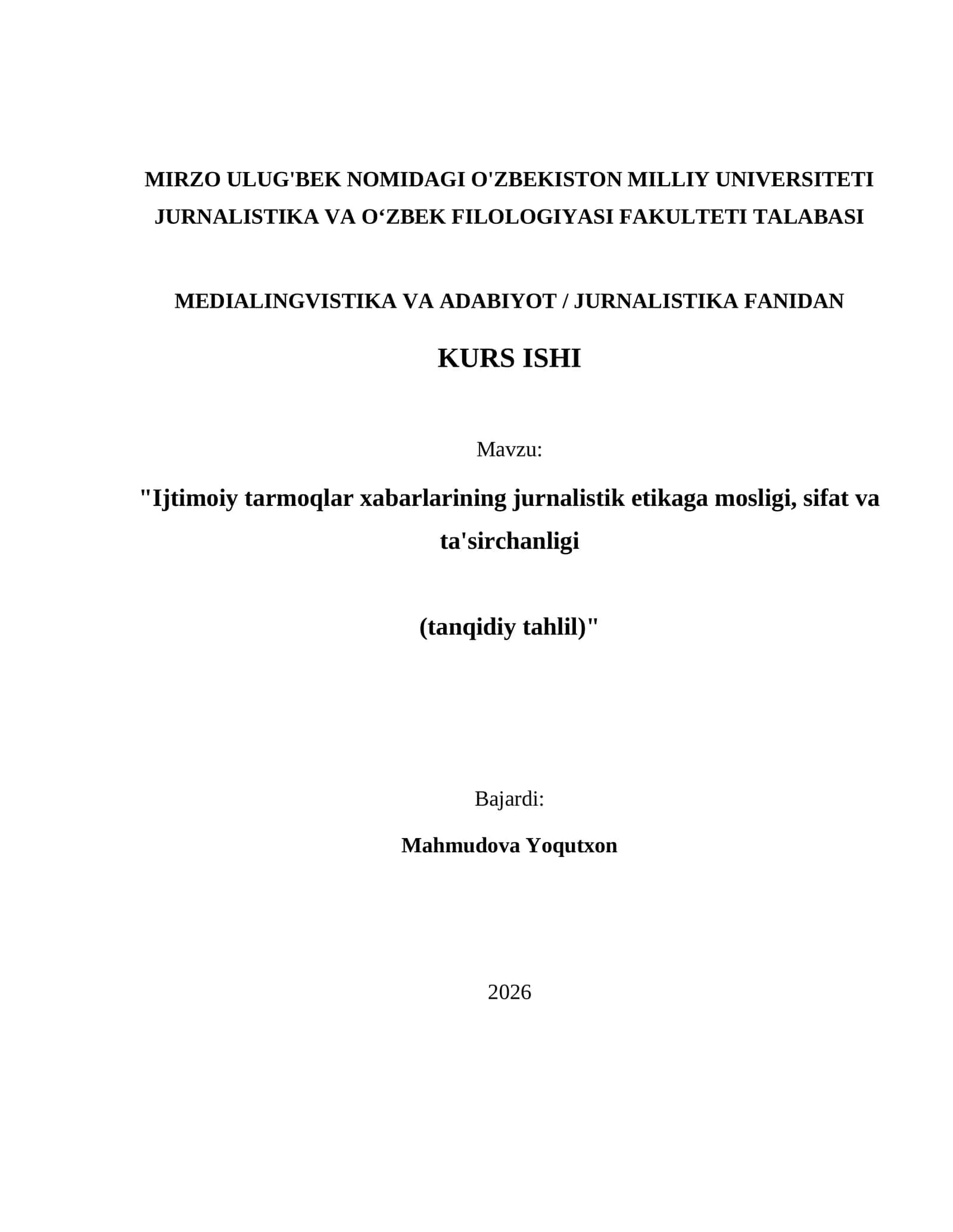 JURNALISTIKA VA O‘ZBEK FILOLOGIYASI FAKULTETI TALABASI - MEDIALINGVISTIKA VA ADABIYOT