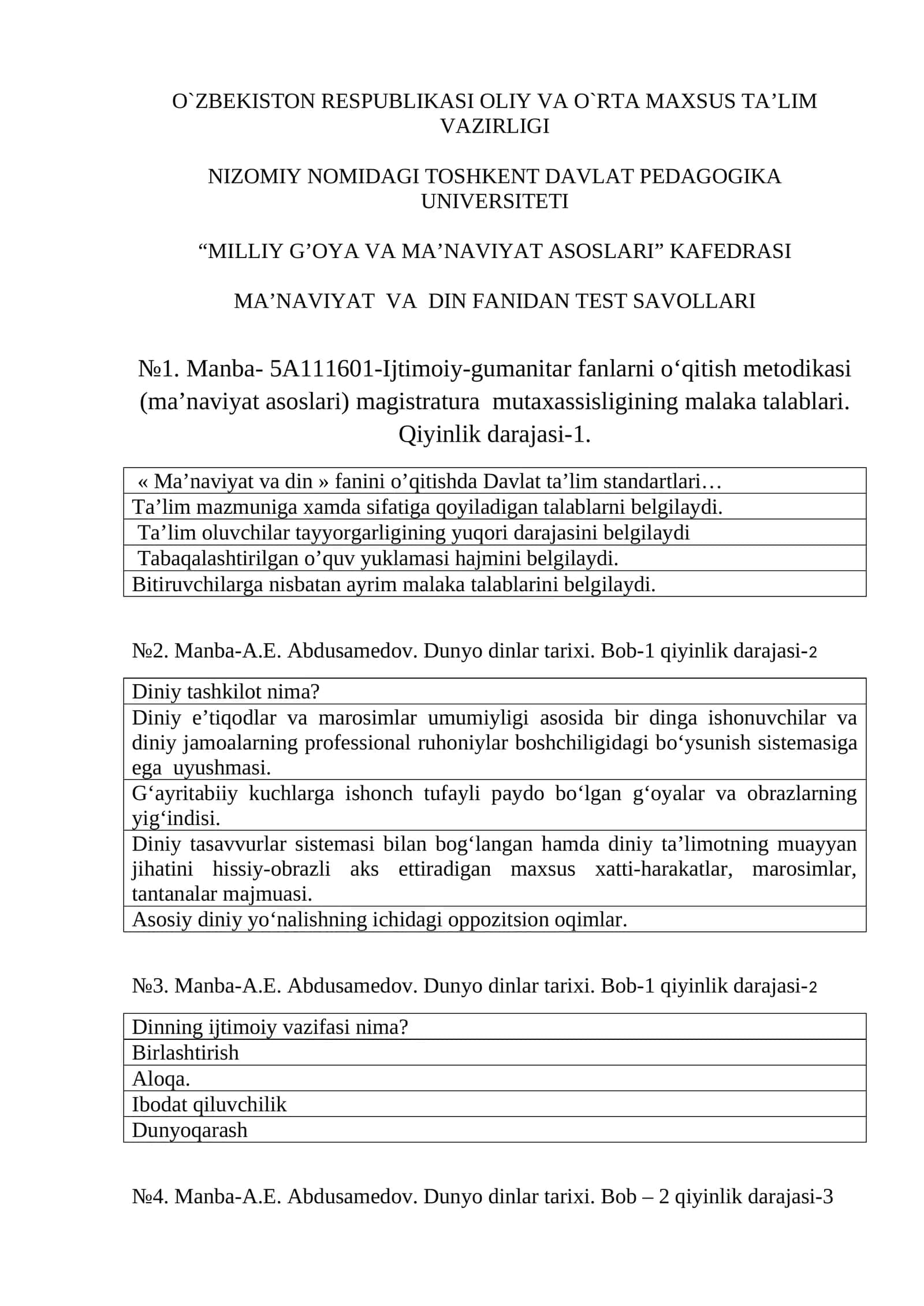 MA’NAVIYAT VA DIN FANIDAN TEST SAVOLLARI