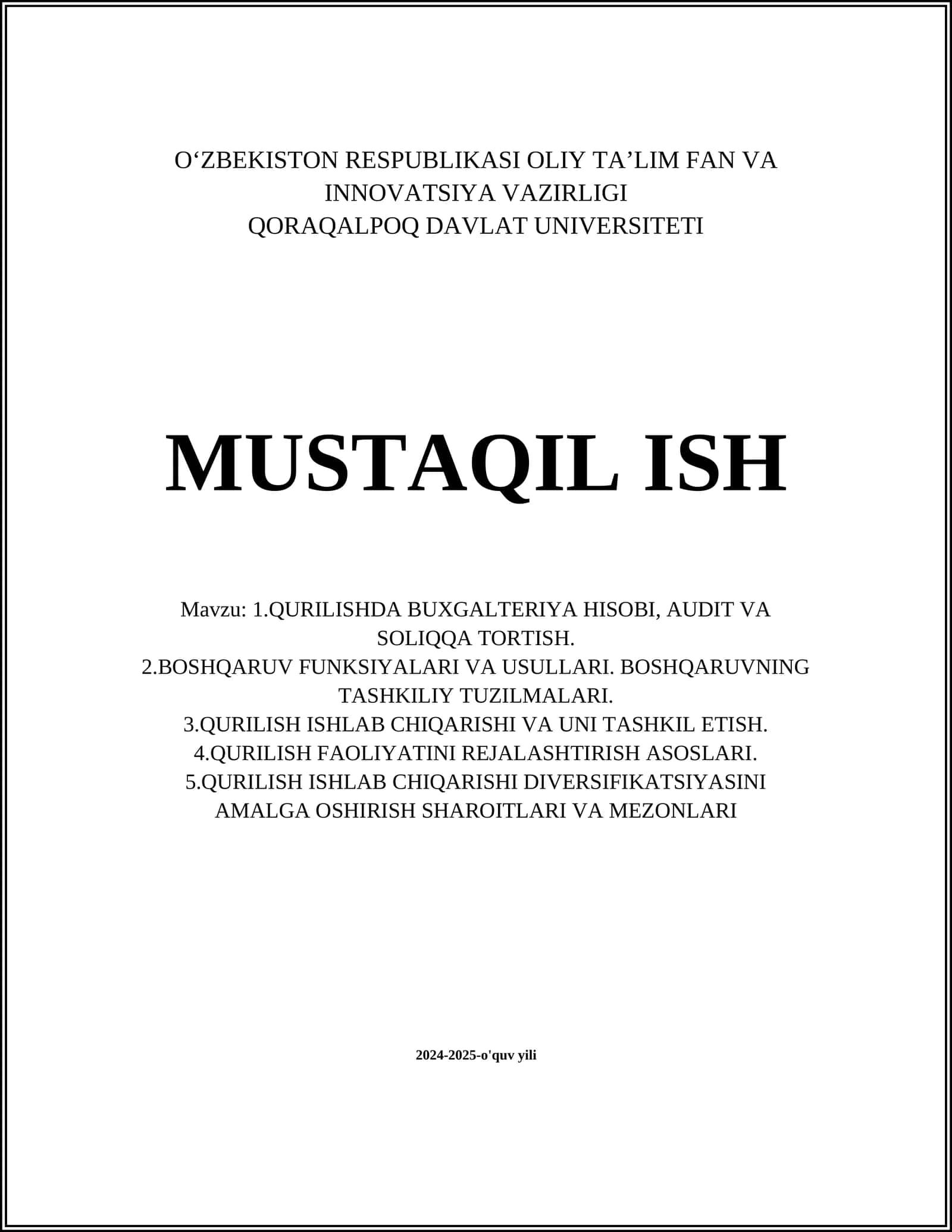 Qurilishda Buxgalteriya Hisobi va Audit