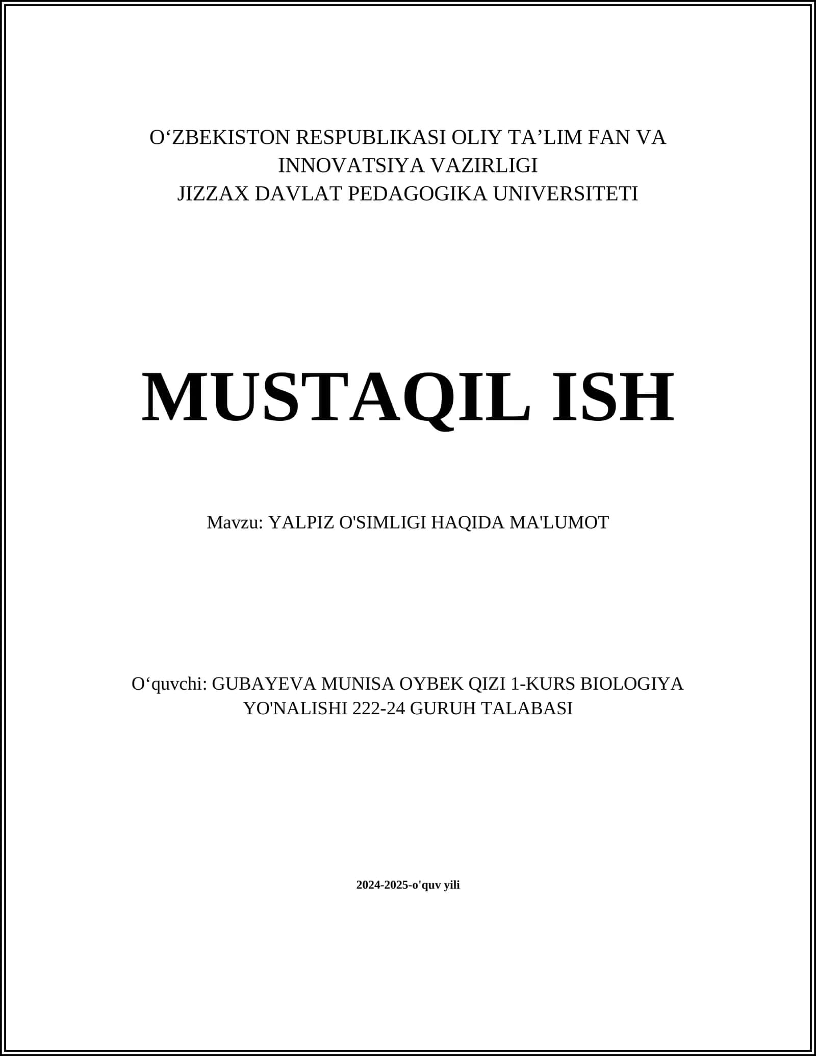 YALPIZ O'SIMLIGI HAQIDA MA'LUMOT