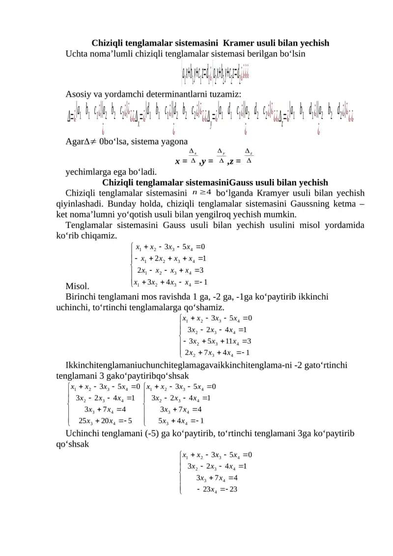 Chiziqli tenglamalar sistemasini Кramer usuli bilan yechish