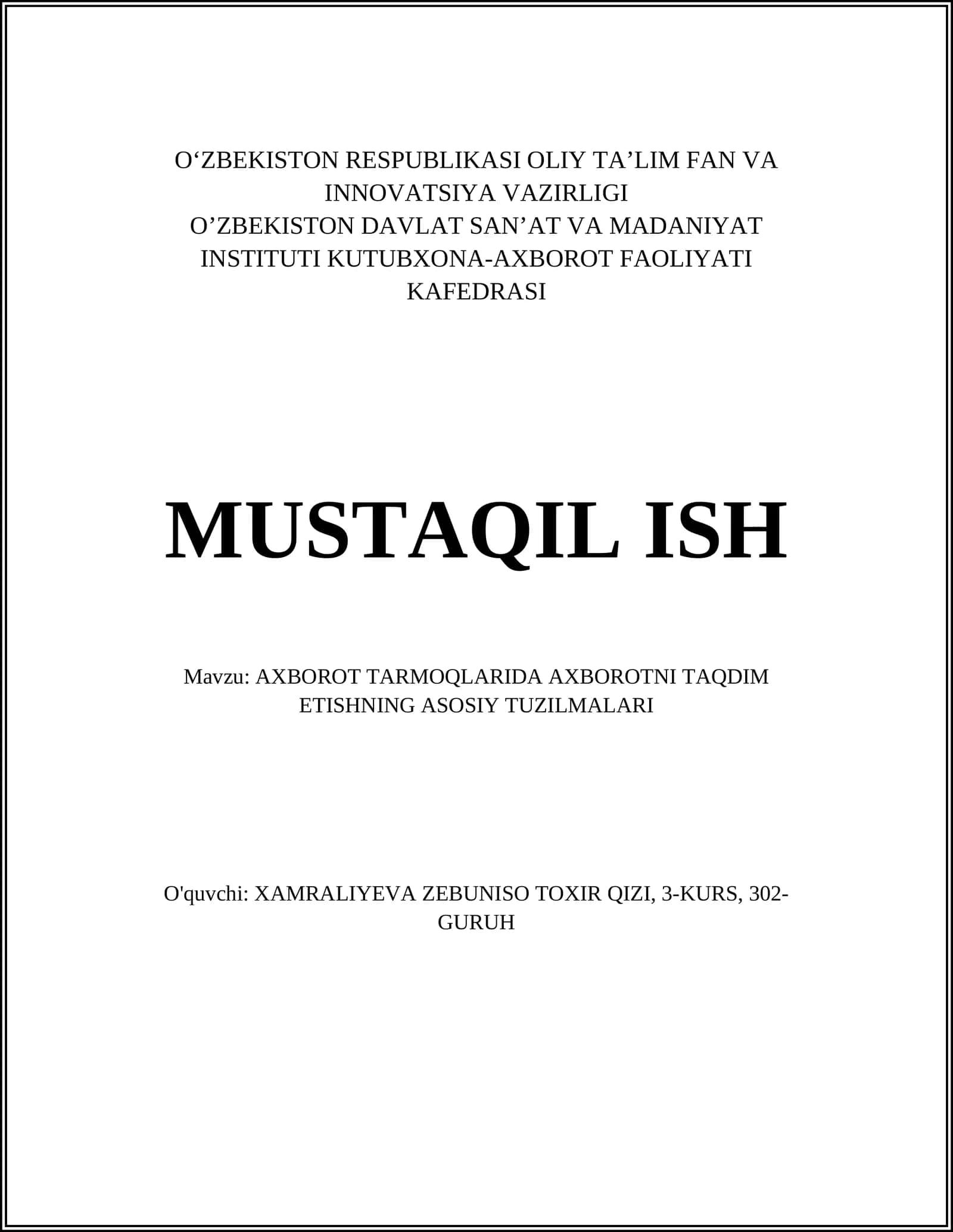 AXBOROT TARMOQLARIDA AXBOROTNI TAQDIM ETISHNING ASOSIY TUZILMALARI