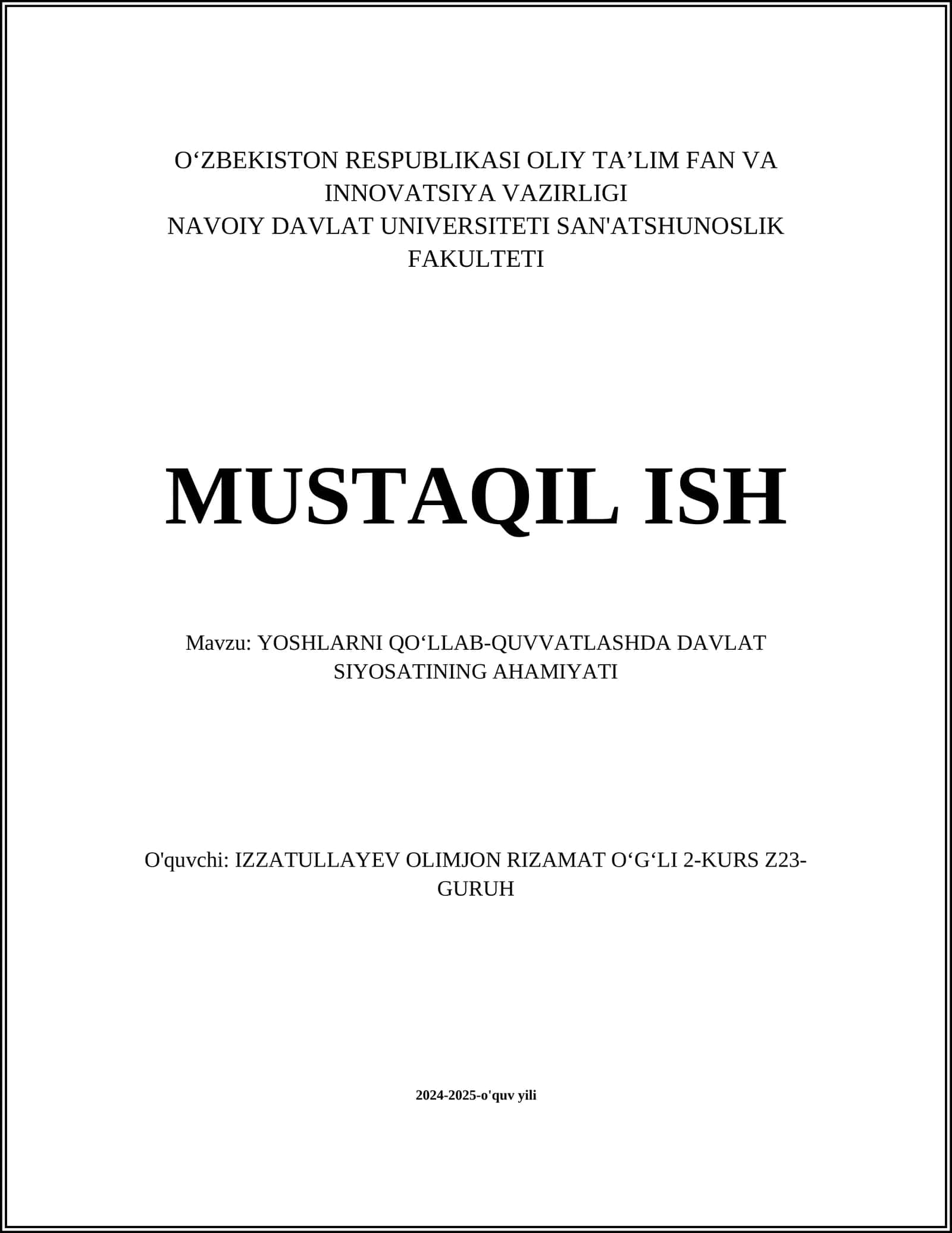 YOSHLARNI QOʻLLAB-QUVVATLASHDA DAVLAT SIYOSATINING AHAMIYATI