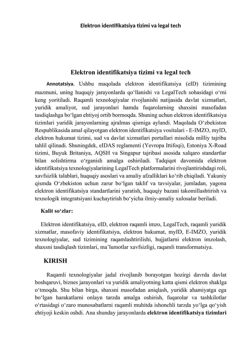 Elektron identifikatsiya tizimi va legal tech
