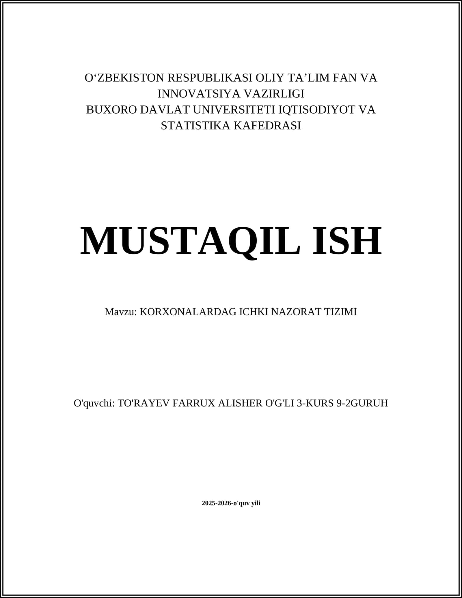 Ichki nazorat tizimining nazariy asoslari va kontseptsiyasi