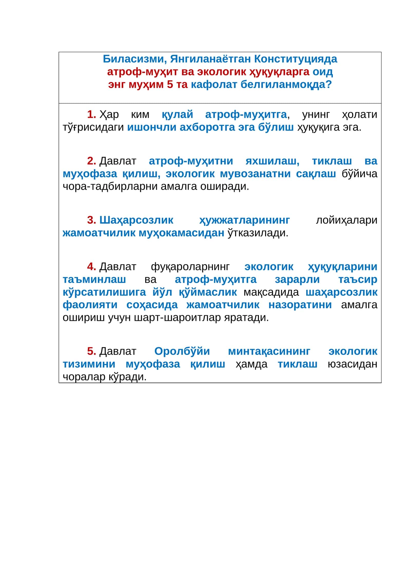 Янгиланаётган Конституцияда атроф-муҳит ва экологик ҳуқуқларга оид энг муҳим 5та кафолат