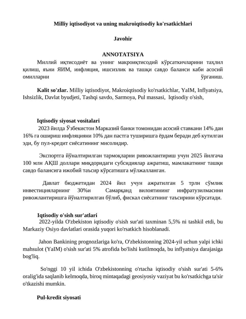 Milliy iqtisodiyot va uning makroiqtisodiy ko'rsatkichlari