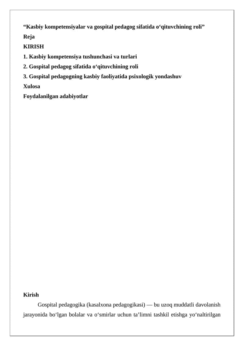 Kasbiy kompetensiyalar va gospital pedagog sifatida o‘qituvchining roli