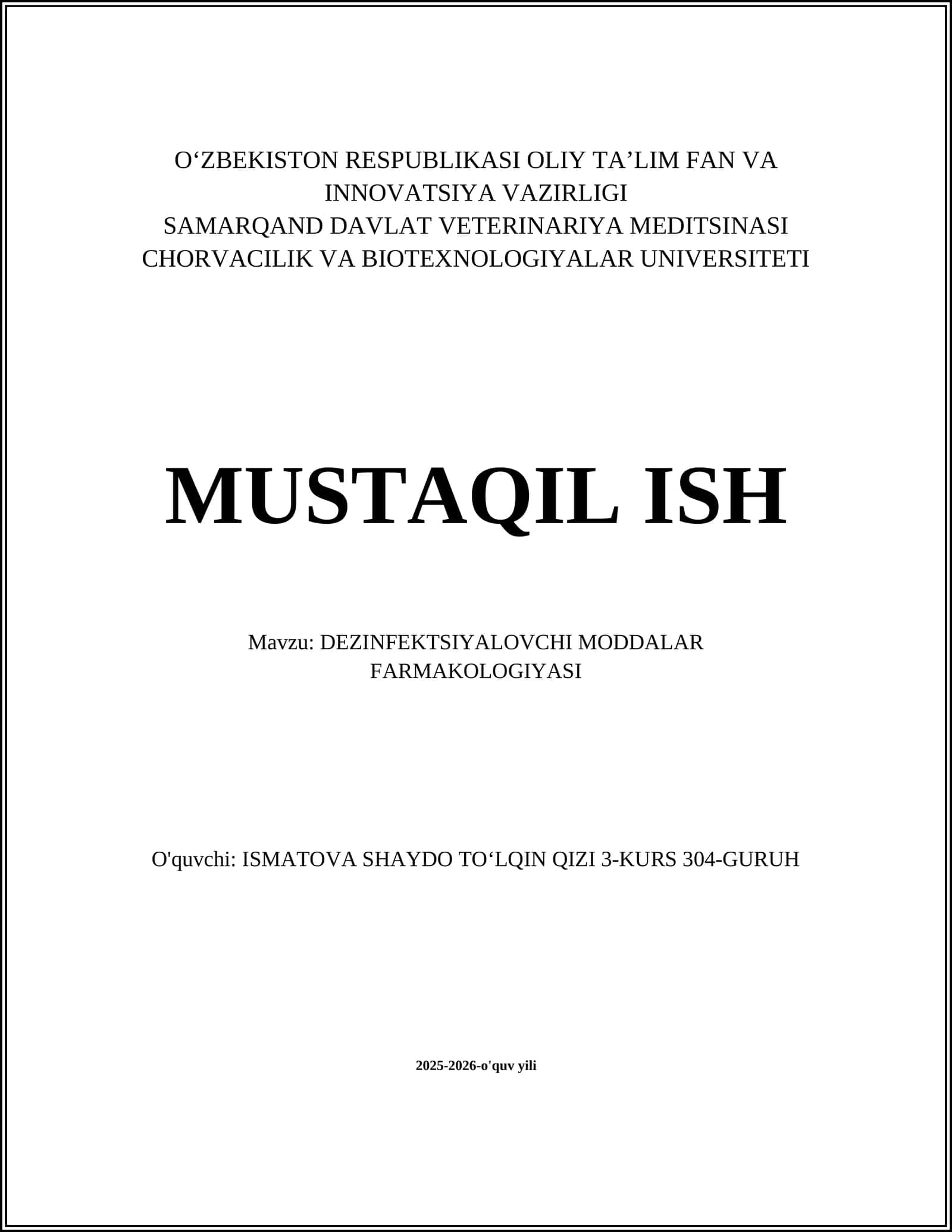 DEZINFEKTSIYALOVCHI MODDALAR FARMAKOLOGIYASI