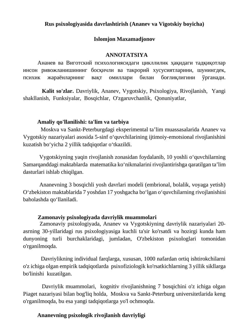 Rus psixologiyasida davrlashtirish (Ananev va Vigotskiy boyicha)