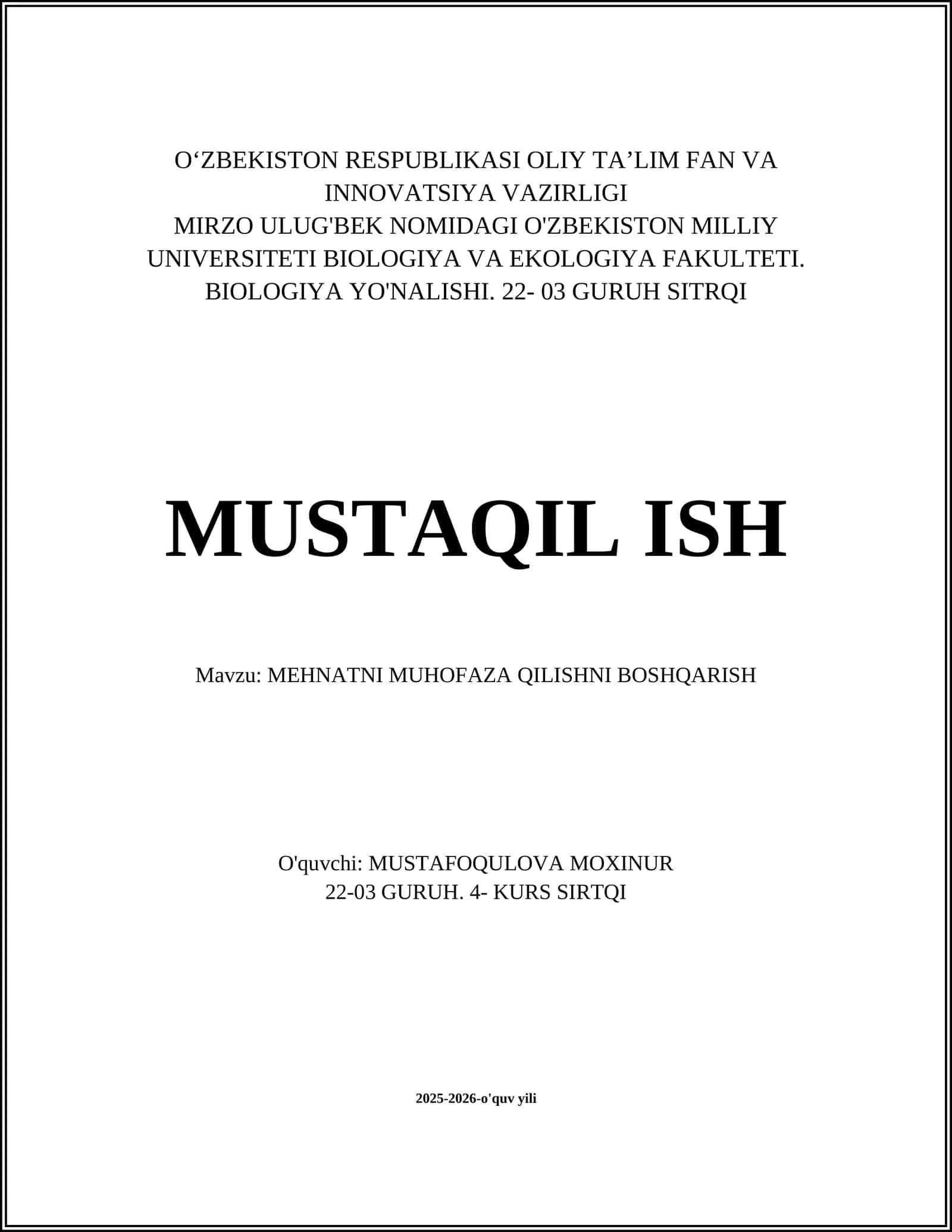 MEHNATNI MUHOFAZA QILISHNI BOSHQARISH