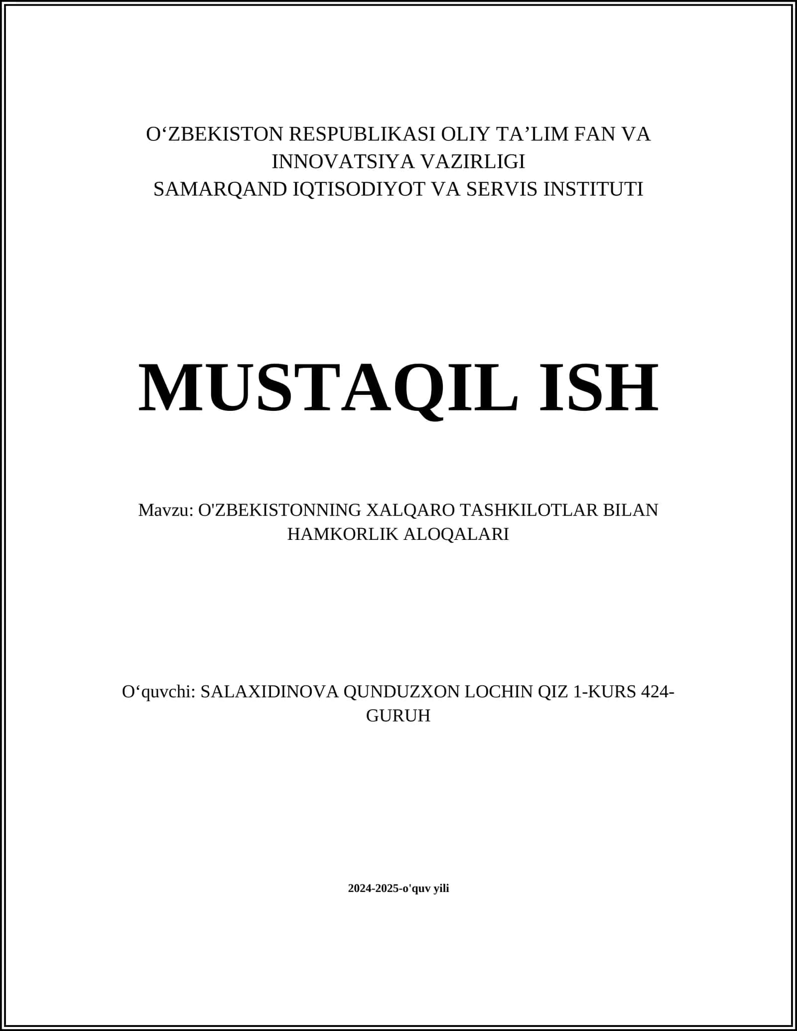 O'ZBEKISTONNING XALQARO TASHKILOTLAR BILAN HAMKOPLIK ALOQALARI