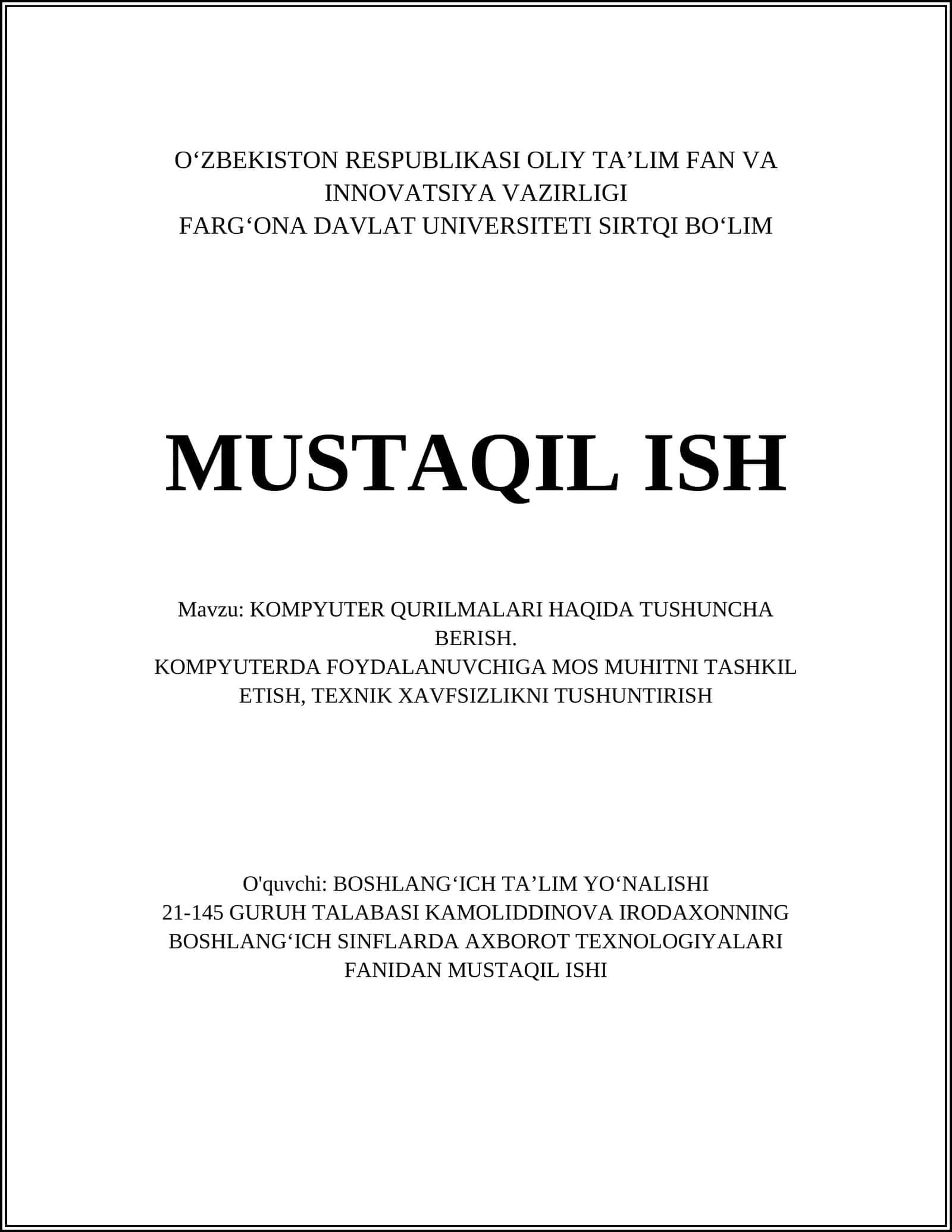 KOMPYUTER QURILMALARI HAQIDA TUSHUNCHA BERISH