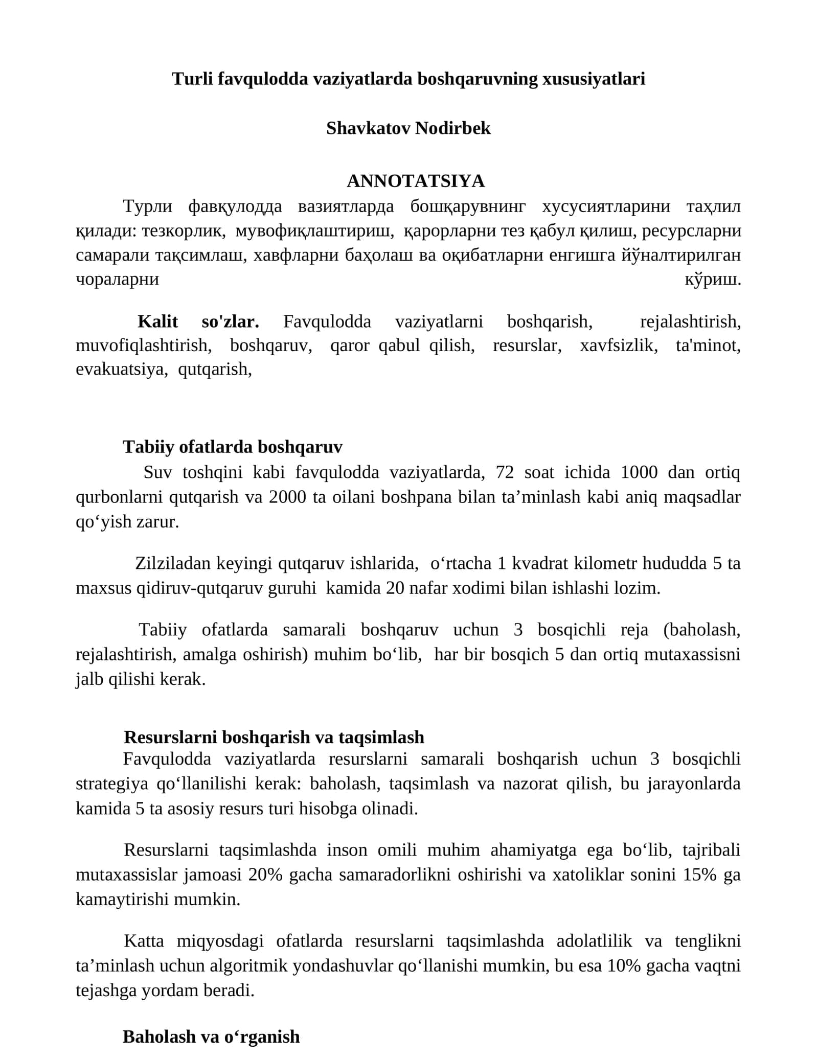 Turli favqulodda vaziyatlarda boshqaruvning xususiyatlari