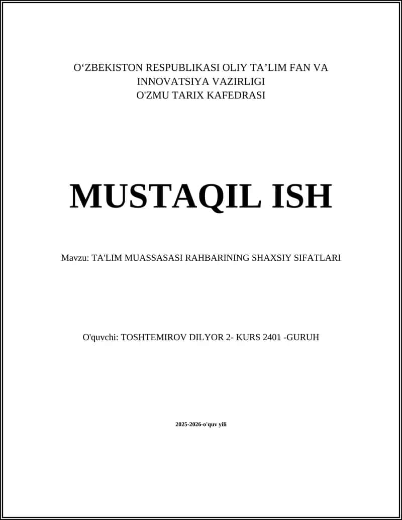 TA'LIM MUASSASASI RAHBARINING SHAXSIY SIFATLARI