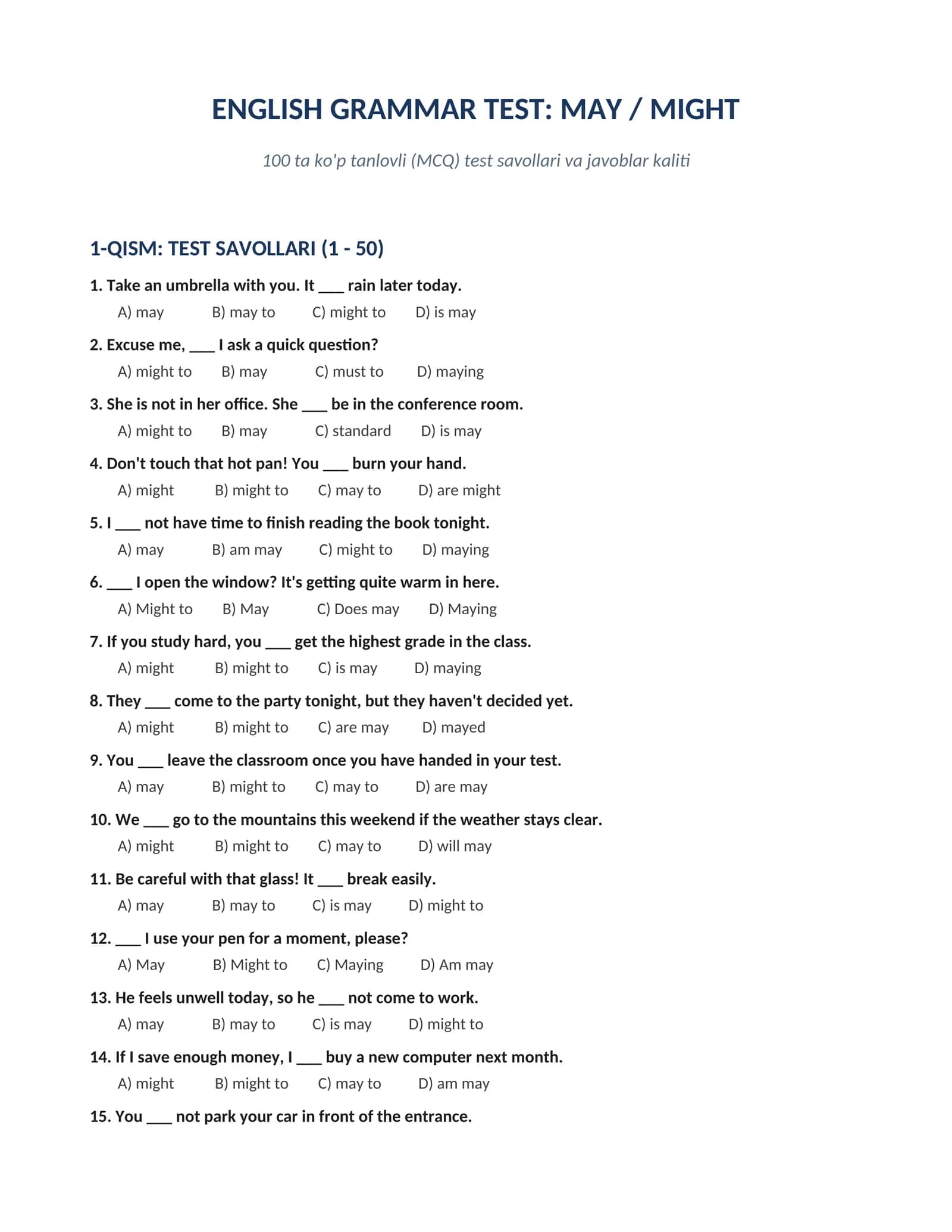 ENGLISH GRAMMAR TEST: MAY / MIGHT 100 ta ko'p tanlovli test savollari va javoblar kaliti