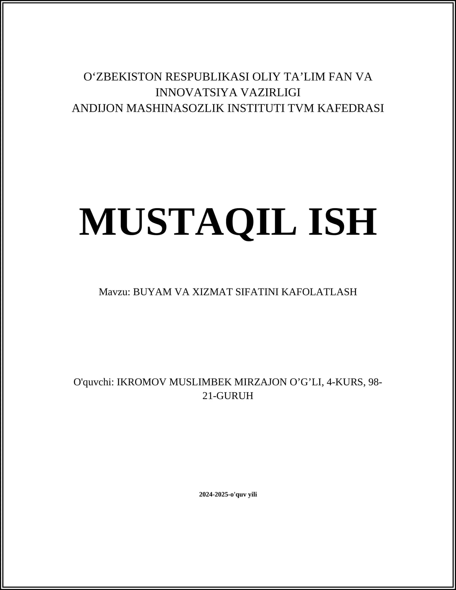 BUYAM VA XIZMAT SIFATINI KAFOLATLASH
