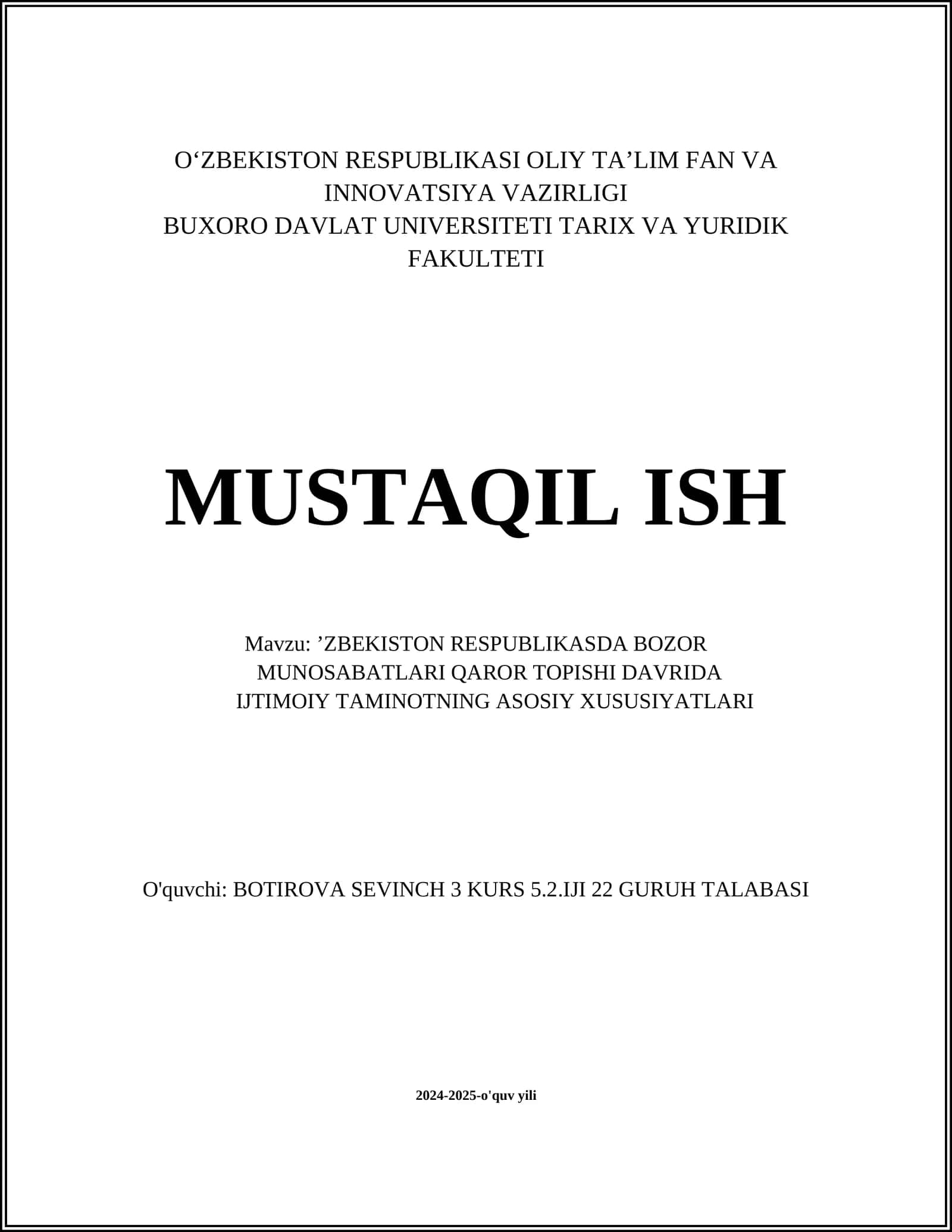 ’ZBEKISTON RESPUBLIKASDA BOZOR MUNOSABATLARI QAROR TOPISHI DAVRIDA IJTIMOIY TAMINOTNING ASOSIY XUSUSIYATLARI