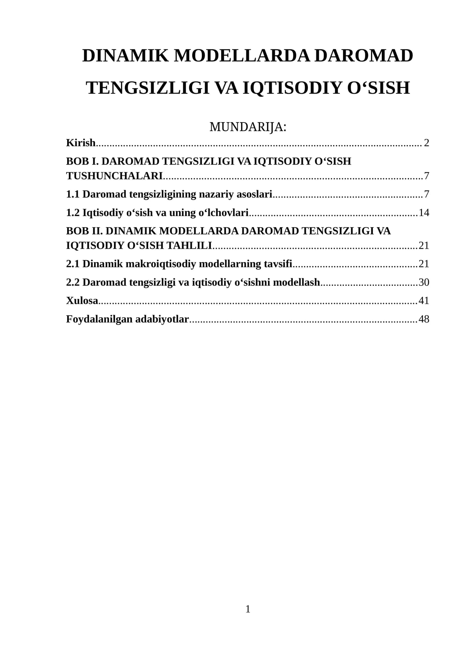 DINAMIK MODELLARDA DAROMAD TENGSIZLIGI VA IQTISODIY O‘SISH