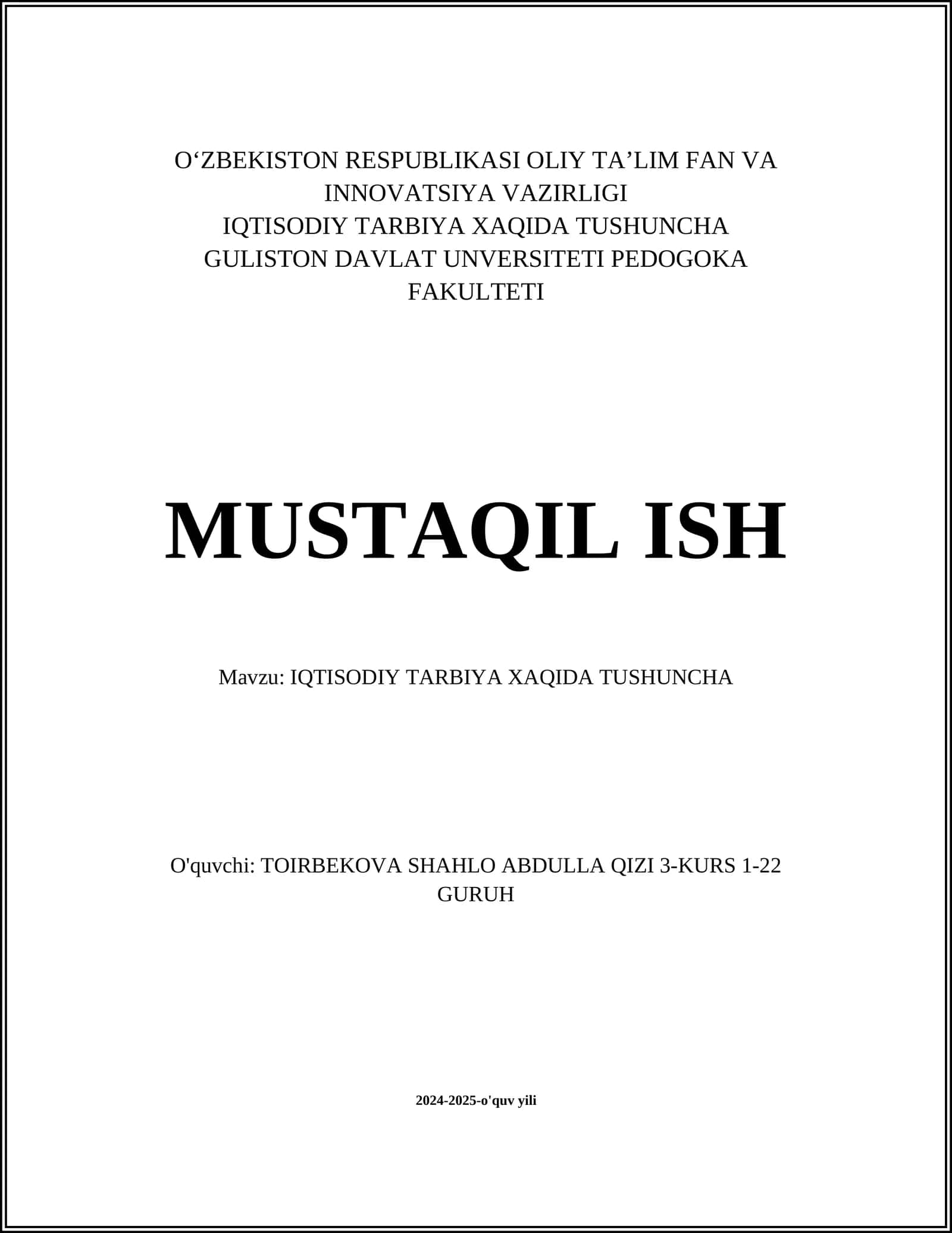 IQTISODIY TARBIYA XAQIDA TUSHUNCHA