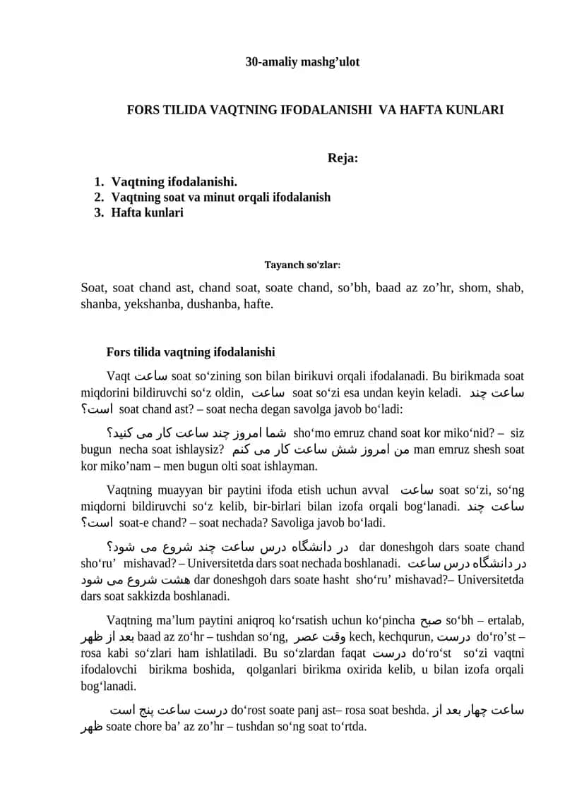 FORS TILIDA VAQTNING IFODALANISHI VA HAFTA KUNLARI