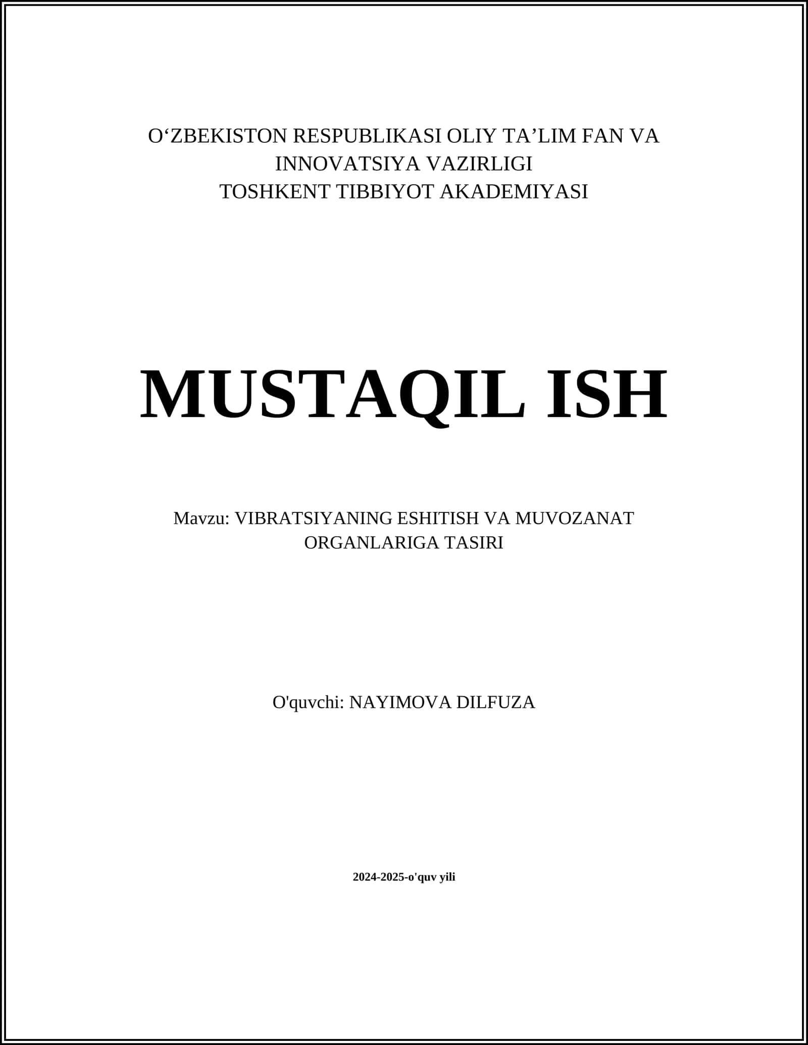 VIBRATSIYANING ESHITISH VA MUVOZANAT ORGANLARIGA TASIRI