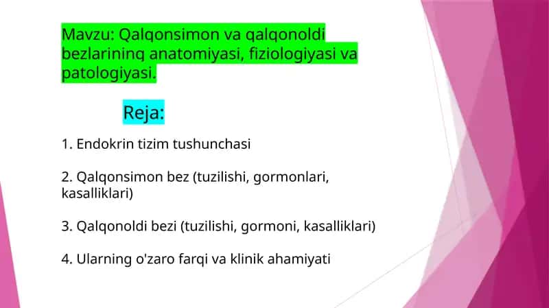 Qalqonsimon va qalqonoldi bezlarining anatomiyasi, fiziologiyasi va patologiyasi.