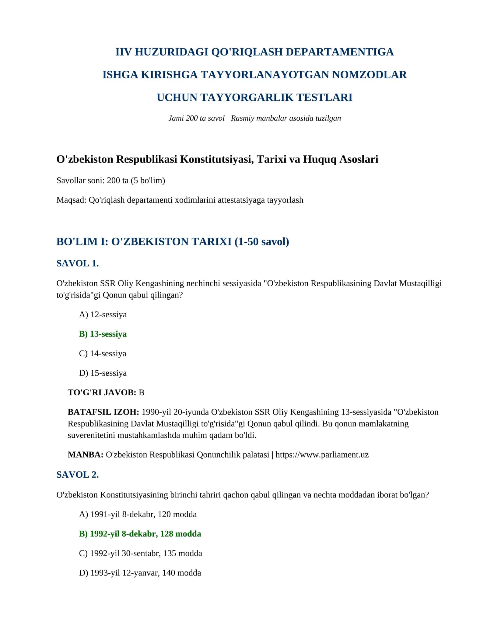 IIV HUZURIDAGI QO'RIQLASH DEPARTAMENTIGA ISHGA KIRISHGA TAYYORLANAYOTGAN NOMZODLAR UCHUN TAYYORGARLIK TESTLARI