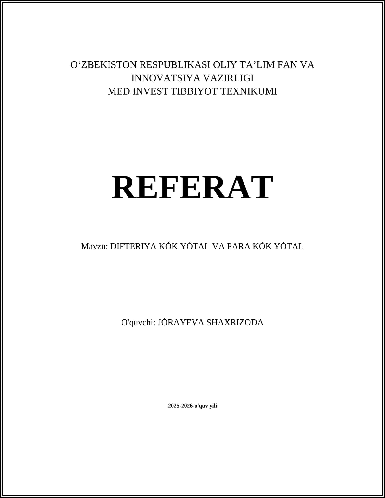DIFTERIYA KÓK YÓTAL VA PARA KÓK YÓTAL