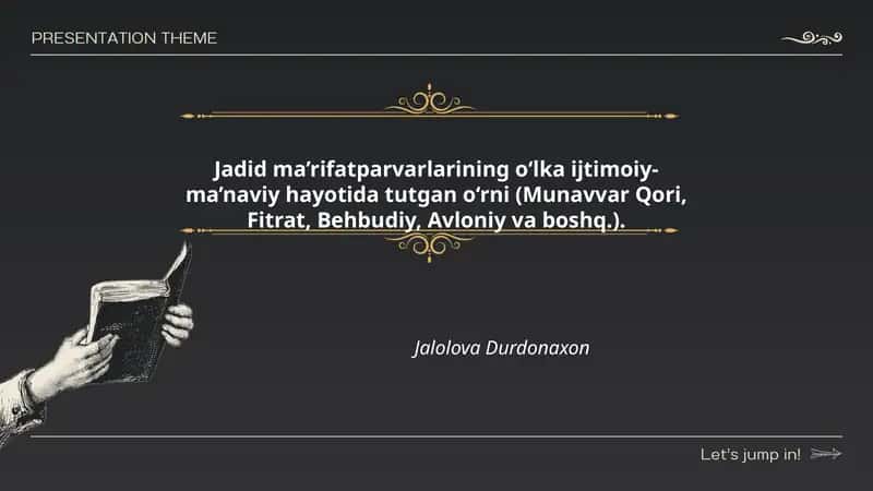 Jadid ma’rifatparvarlarining o‘lka ijtimoiy-ma’naviy hayotida tutgan o‘rni (Munavvar Qori, Fitrat, Behbudiy, Avloniy va boshq.)