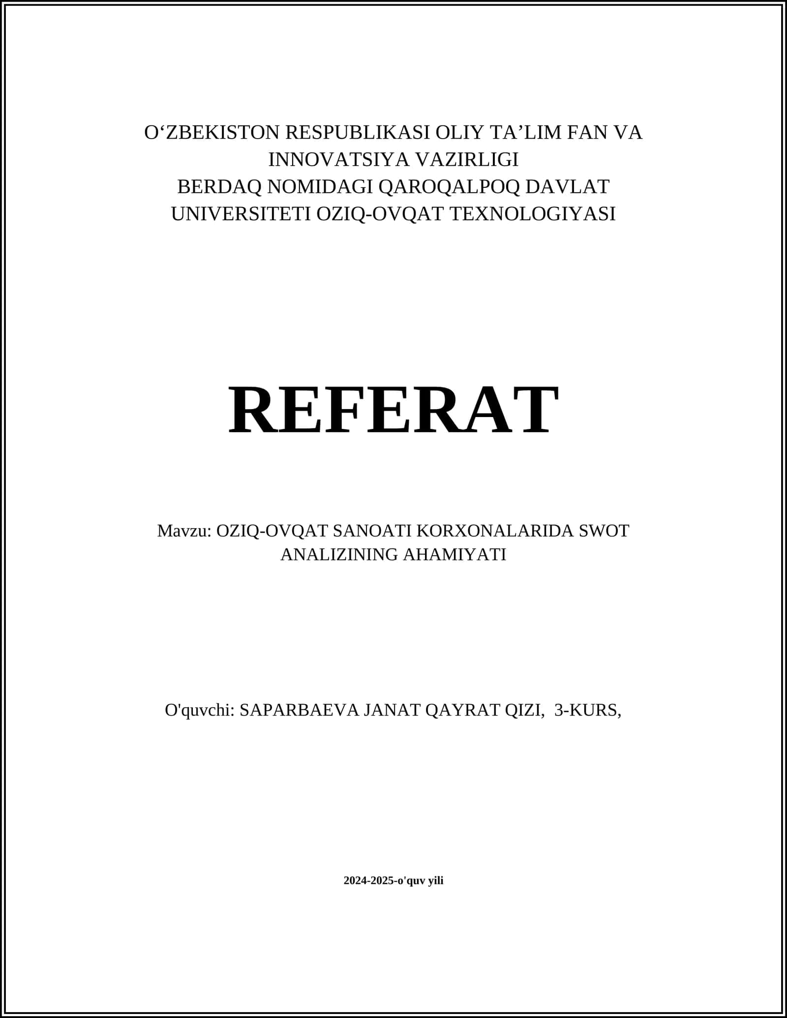 OZIQ-OVQAT SANOATI KORXONALARIDA SWOT ANALIZINING AHAMIYATI
