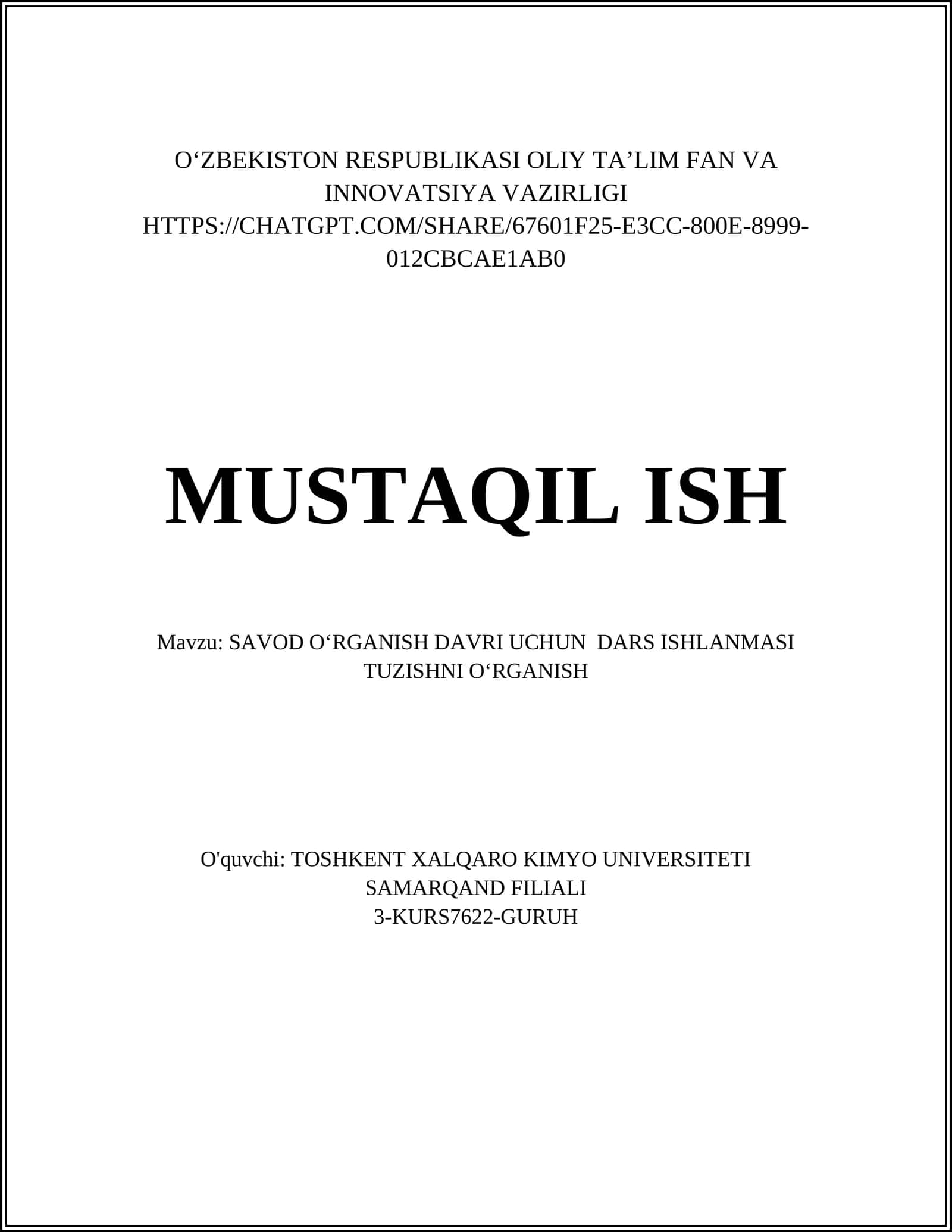 SAVOD OʻRGANISH DAVRI UCHUN DARS ISHLANMASI TUZISHNI OʻRGANISH