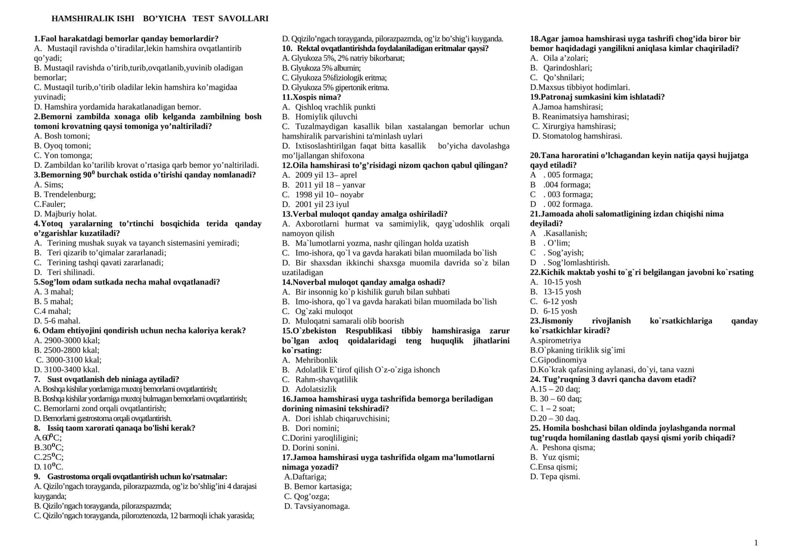 HAMSHIRALIK ISHI BO’YICHA TEST SAVOLLARI