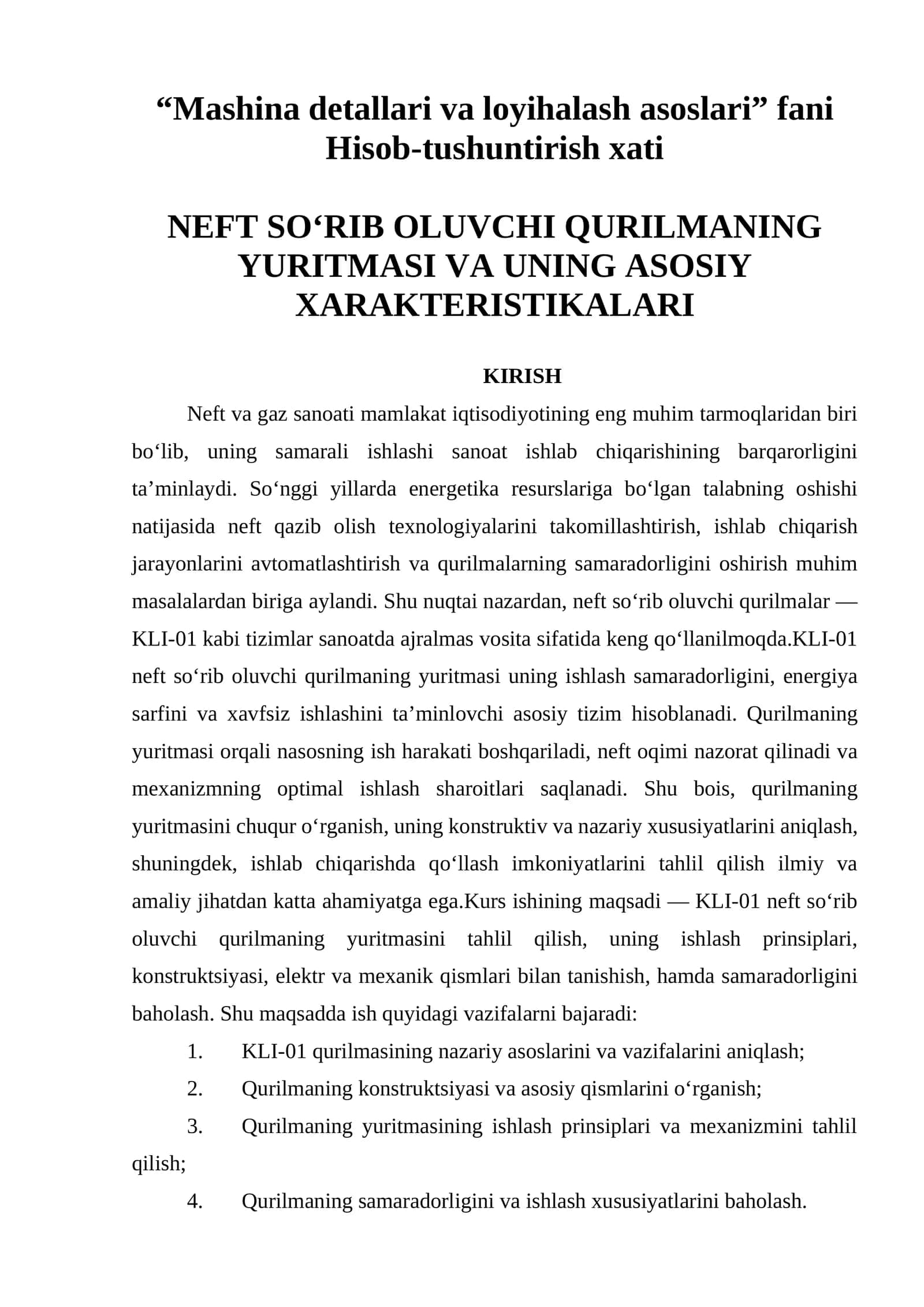 Neft so‘rib oluvchi qurilmaning yuritmasi va uning asosiy xarakteristikalari