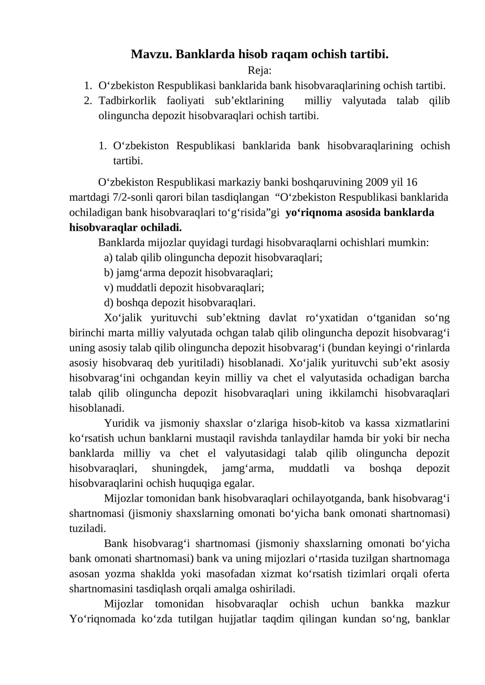 Banklarda hisob raqam ochish tartibi