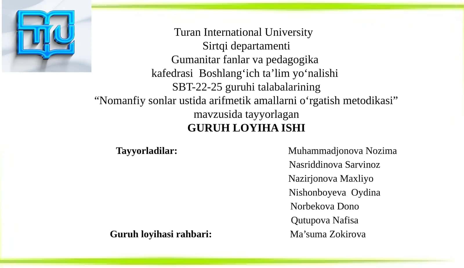 Nomanfiysonlar ustida arifmetika mollarini o‘rgatish metodikasi
