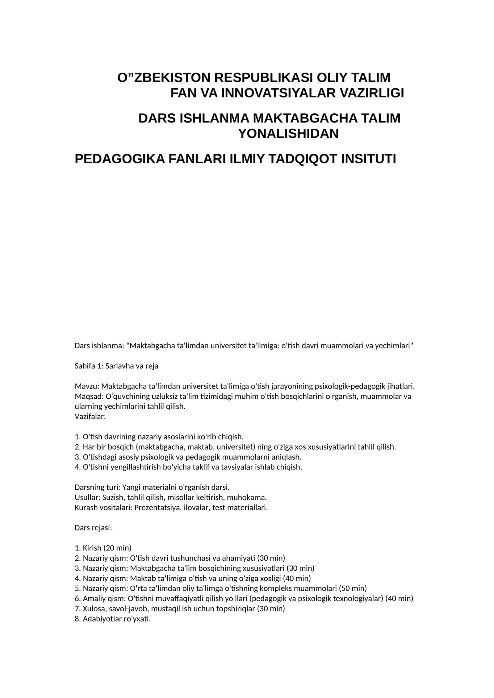 Maktabgacha ta'limdan universitet ta'limiga: o'tish davri muammolari va yechimlari