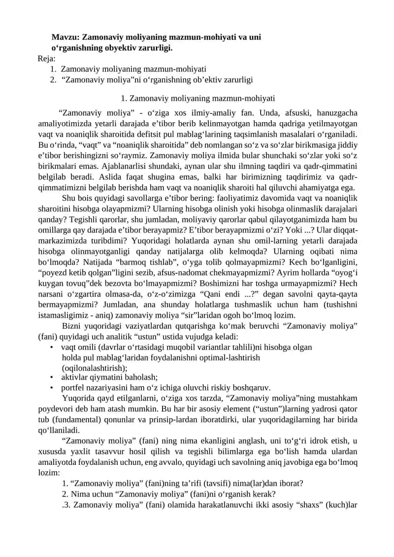Zamonaviy moliyaning mazmun-mohiyati va uni o‘rganishning obyektiv zarurligi