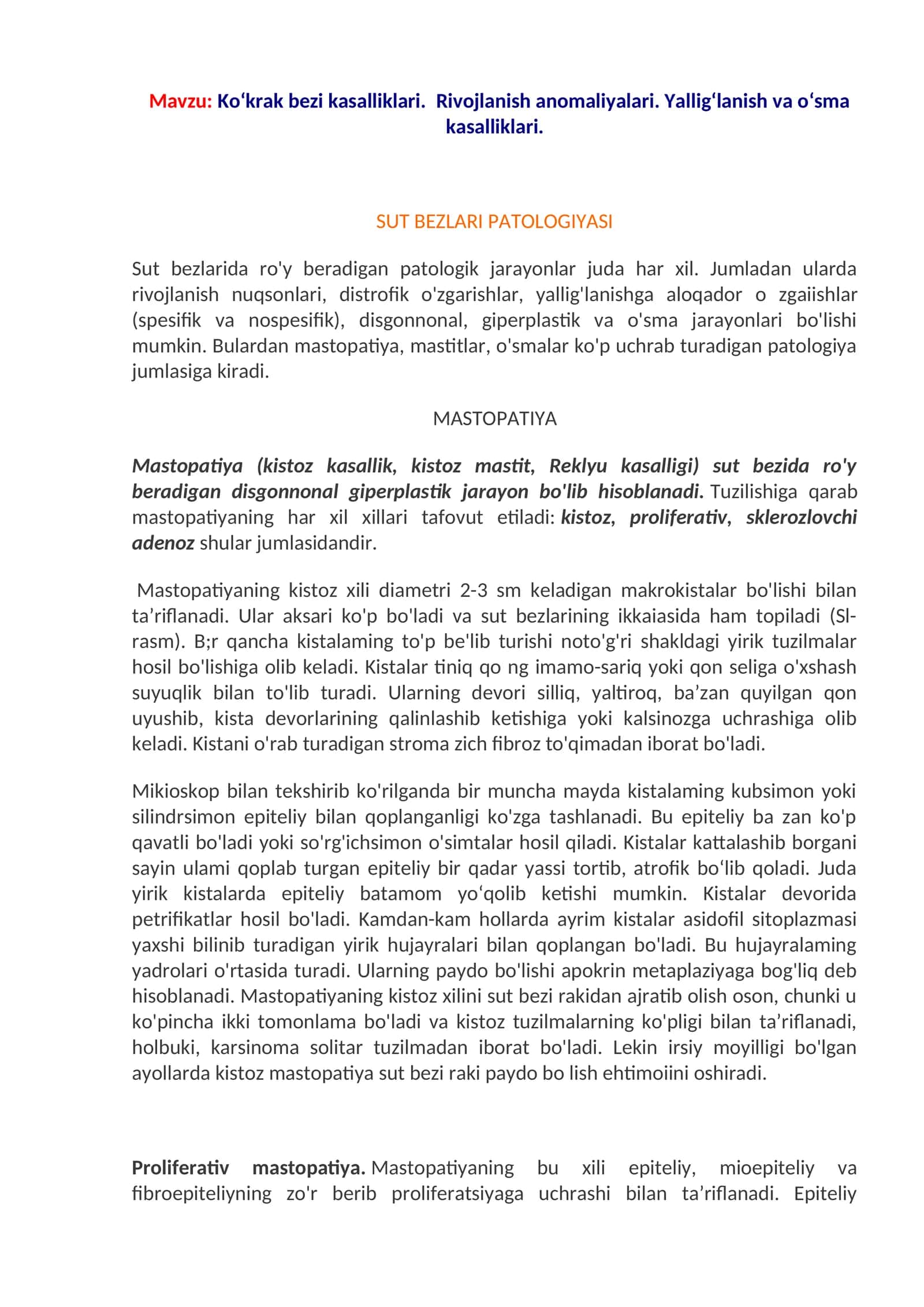 Ko‘krak bezi kasalliklari. Rivojlanish anomaliyalari. Yallig‘lanish va o‘sma kasalliklari