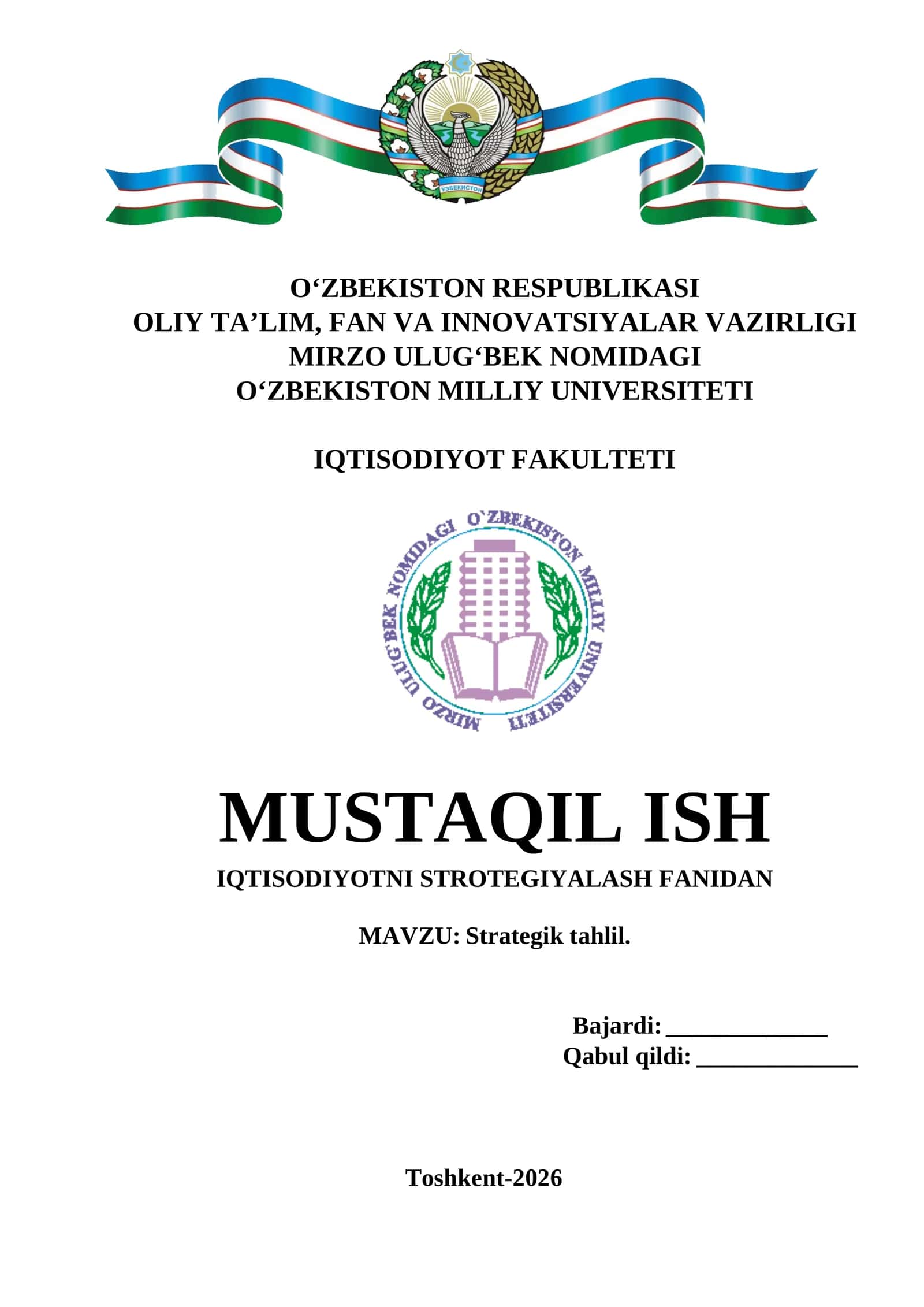 MUSTAQIL ISH IQTISODIYOTNI STROTEGIYALASH FANIDAN