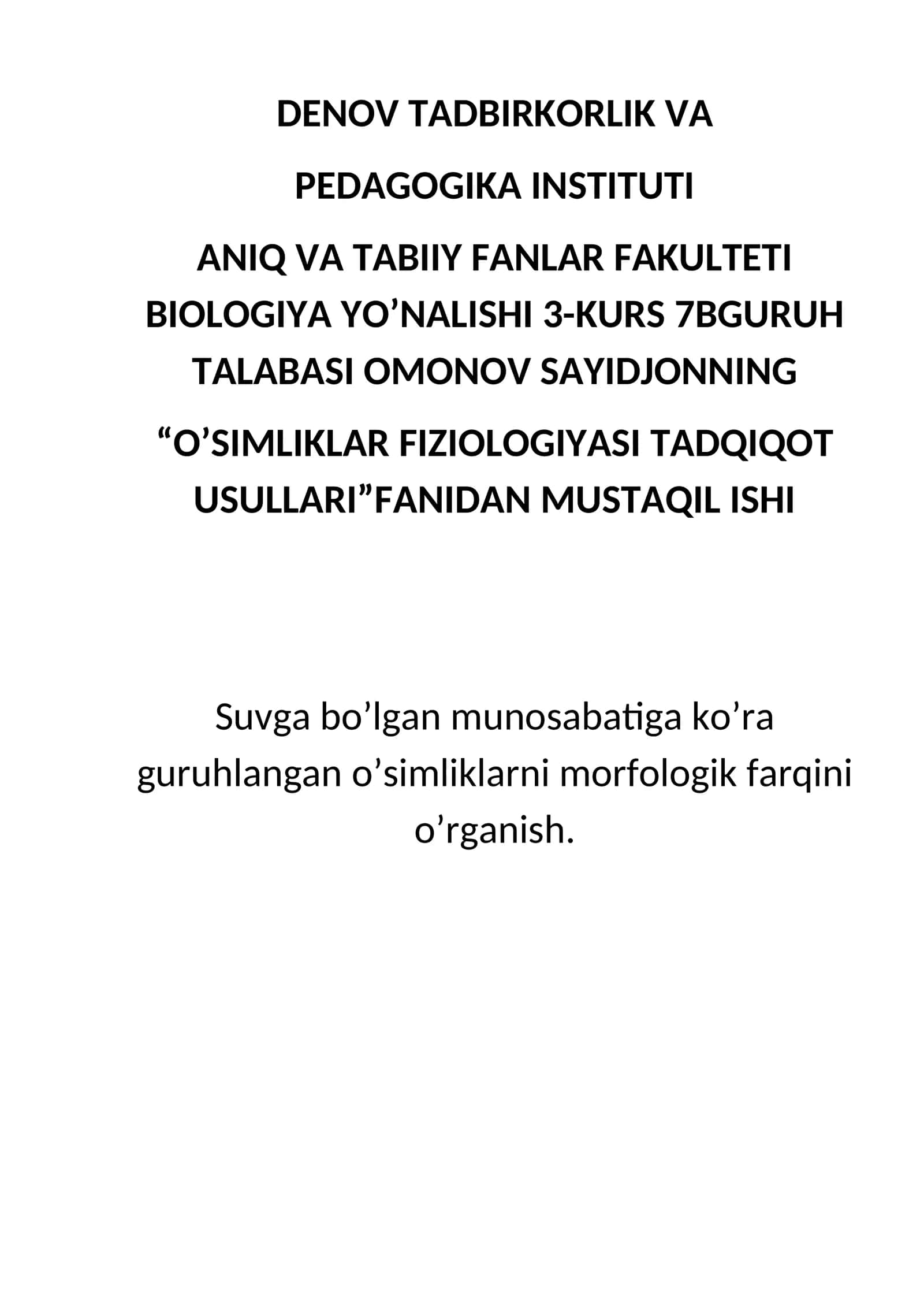 O'Simliklar ekologik guruhlarga ajratish