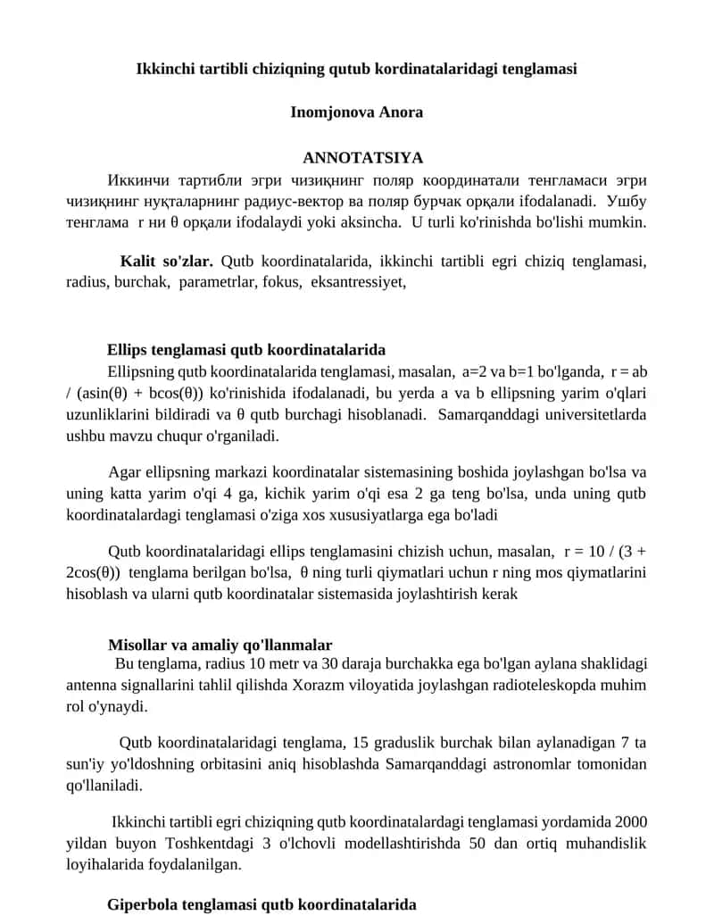 Ikkinchi tartibli chiziqning qutub kordinatalaridagi tenglamasi